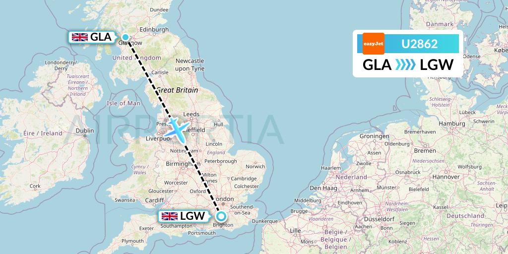 U2862 EasyJet Flight Map: Glasgow to London