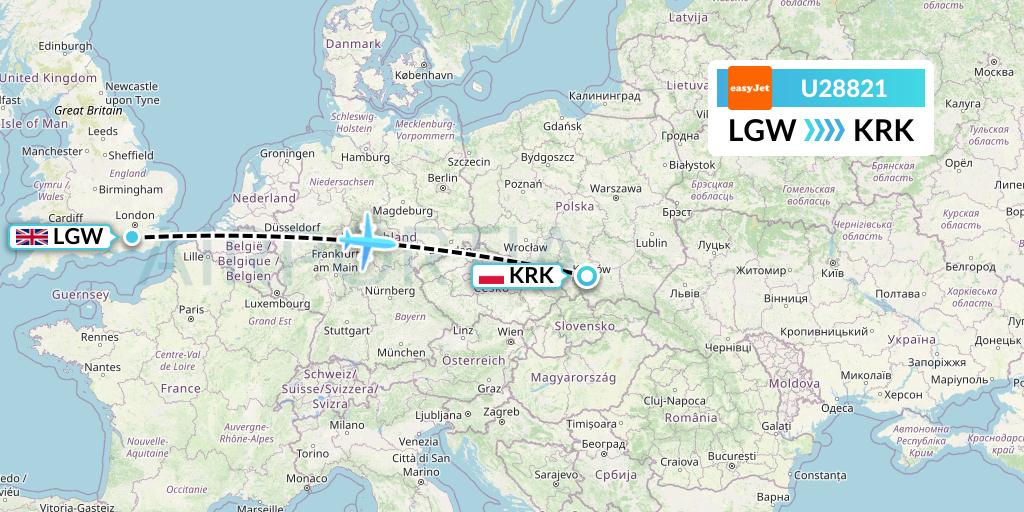 U28821 EasyJet Flight Map: London to Krakow