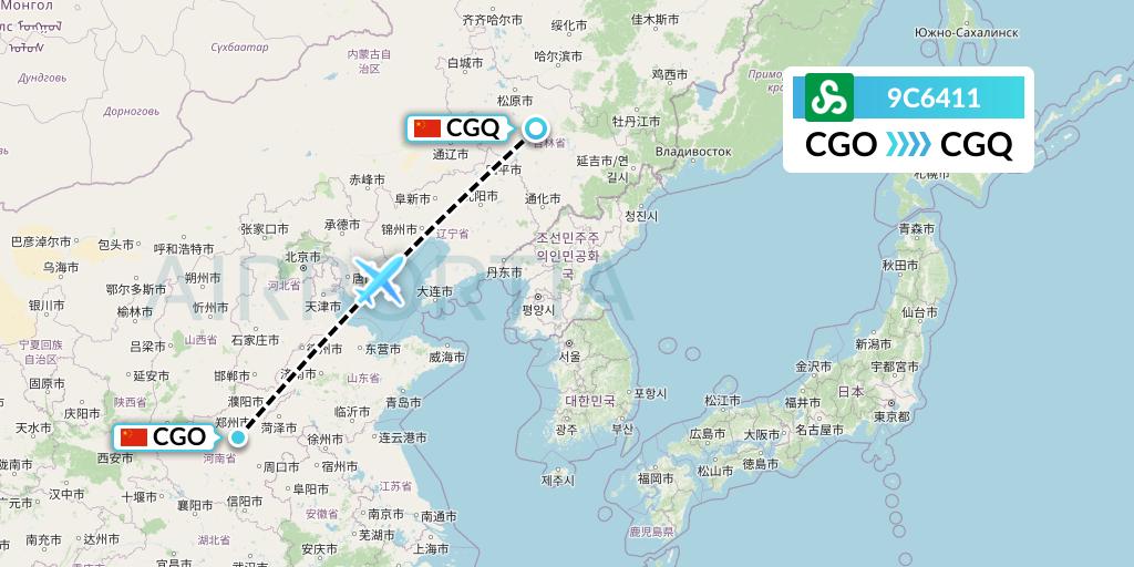 9C6411 Spring Airlines Flight Map: Zhengzhou to Changchun