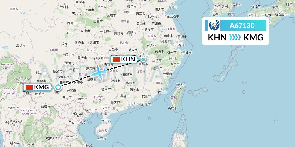 A67130 Hongtu Airlines Flight Map: Nanchang to Kunming