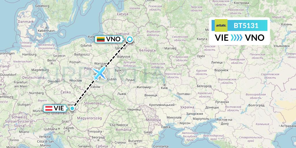 BT5131 Air Baltic Flight Map: Vienna to Vilnius