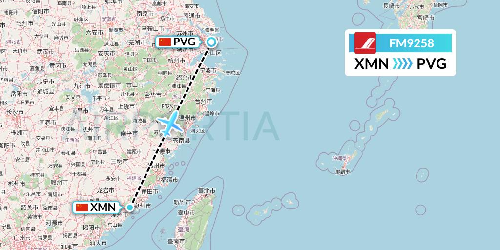 FM9258 Shanghai Airlines Flight Map: Xiamen to Shanghai
