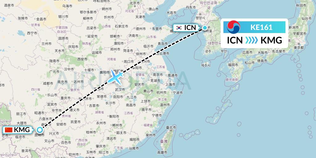 KE161 Korean Air Flight Map: Seoul to Kunming