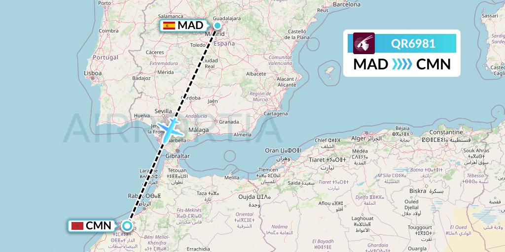 QR6981 Qatar Airways Flight Map: Madrid to Casablanca