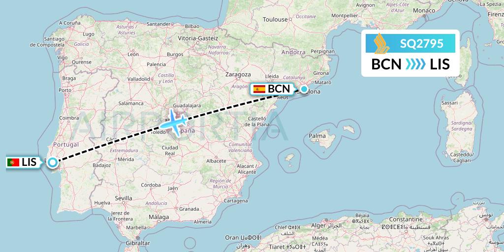 SQ2795 Singapore Airlines Flight Map: Barcelona to Lisbon