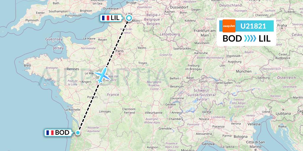 U21821 EasyJet Flight Map: Bordeaux to Lille