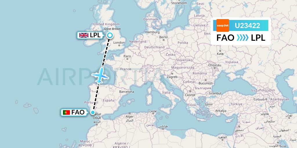 U23422 EasyJet Flight Map: Faro to Liverpool