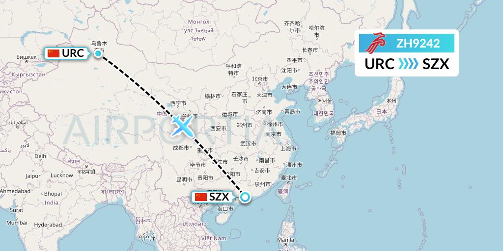 ZH9242 Shenzhen Airlines Flight Map: Urumqi to Shenzhen