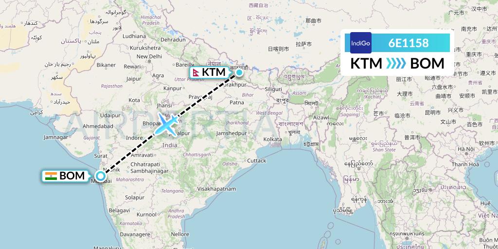 6E1158 IndiGo Airlines Flight Map: Kathmandu to Mumbai