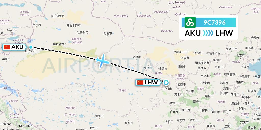 9C7396 Spring Airlines Flight Map: Aksu to Lanzhou