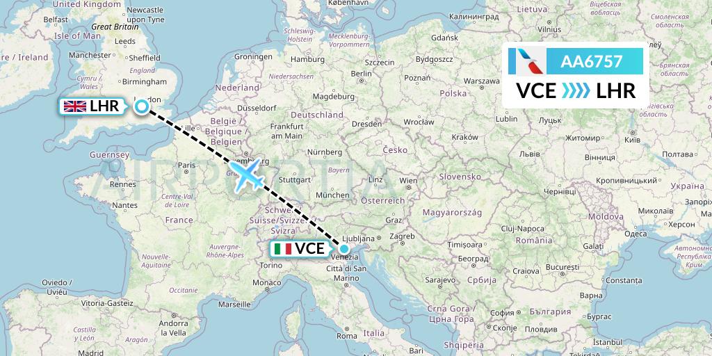 AA6757 American Airlines Flight Map: Venice to London