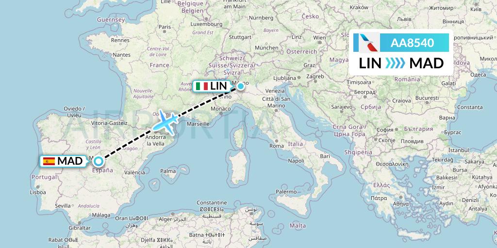 AA8540 American Airlines Flight Map: Milan to Madrid