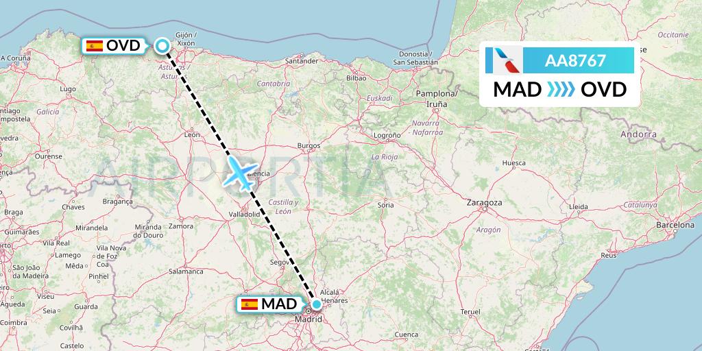 AA8767 American Airlines Flight Map: Madrid to Asturias