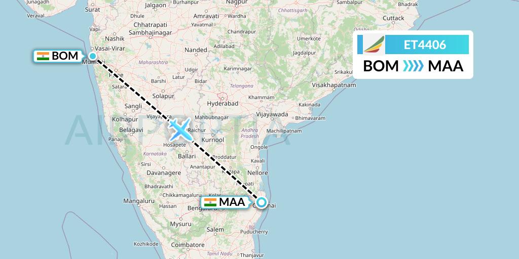 ET4406 Ethiopian Airlines Flight Map: Mumbai to Chennai