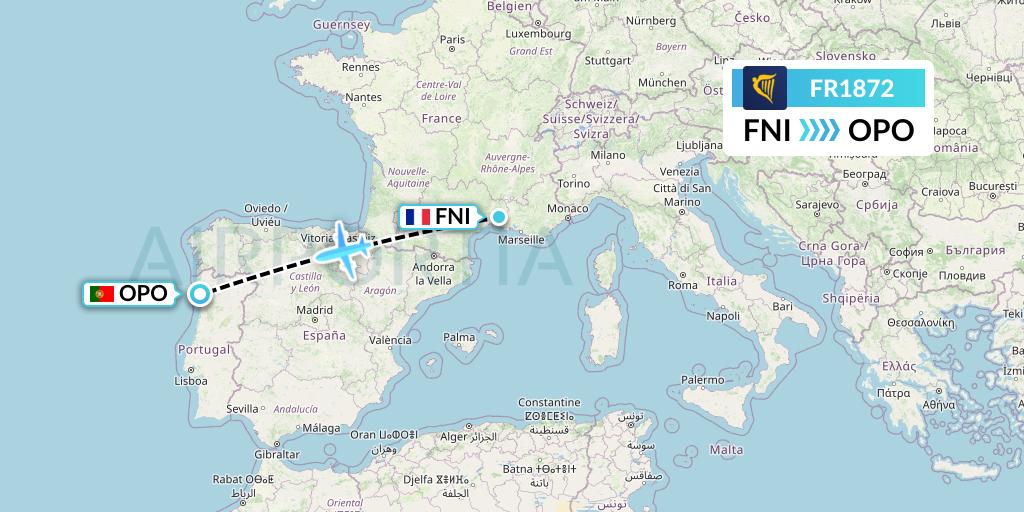 FR1872 Ryanair Flight Map: Nimes to Porto