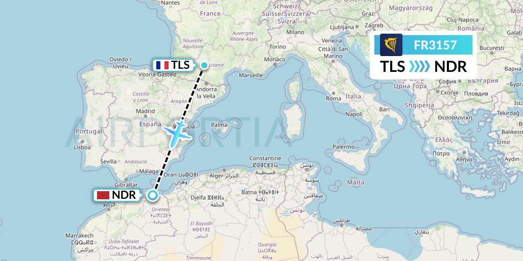 FR3157 Ryanair Flight Map: Toulouse to Nador