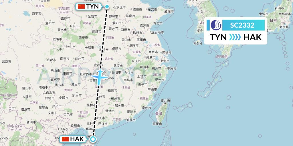 SC2332 Shandong Airlines Flight Map: Taiyuan to Haikou