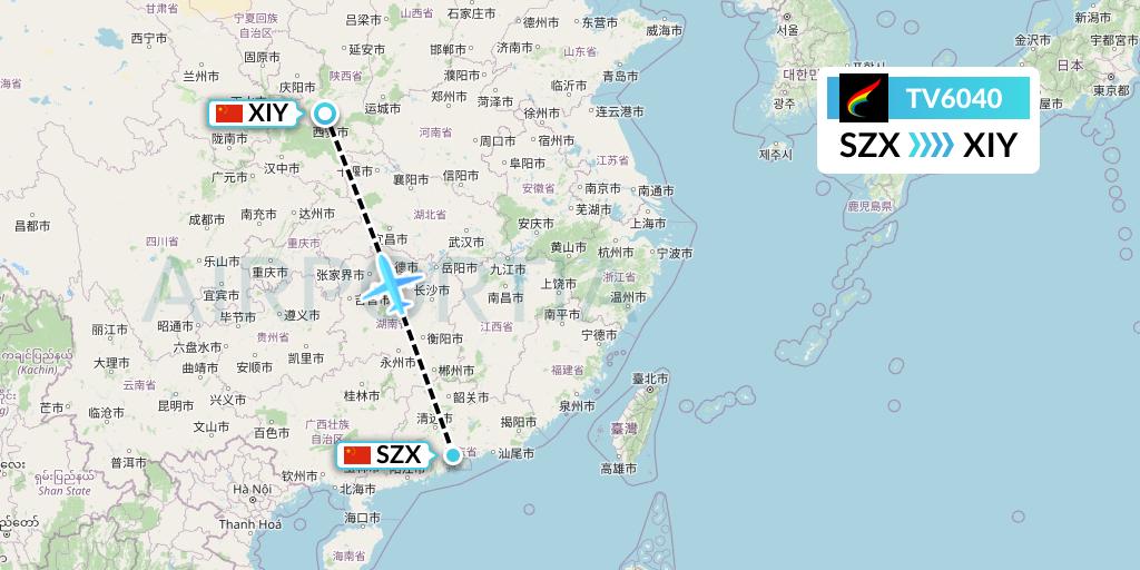 TV6040 Tibet Airlines Flight Map: Shenzhen to Xi'an