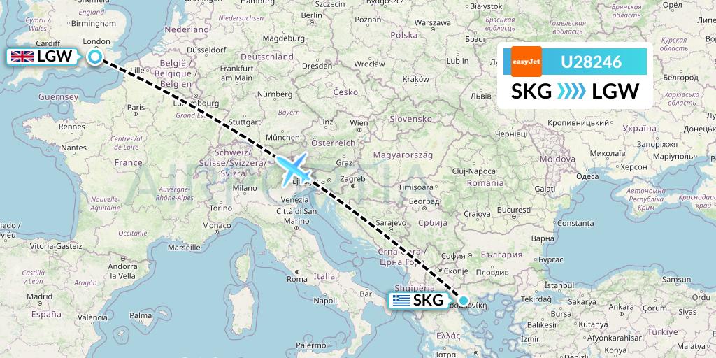 U28246 EasyJet Flight Map: Thessaloniki to London