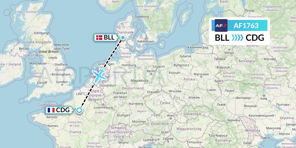 AF1763 Air France Flight Map: Billund to Paris