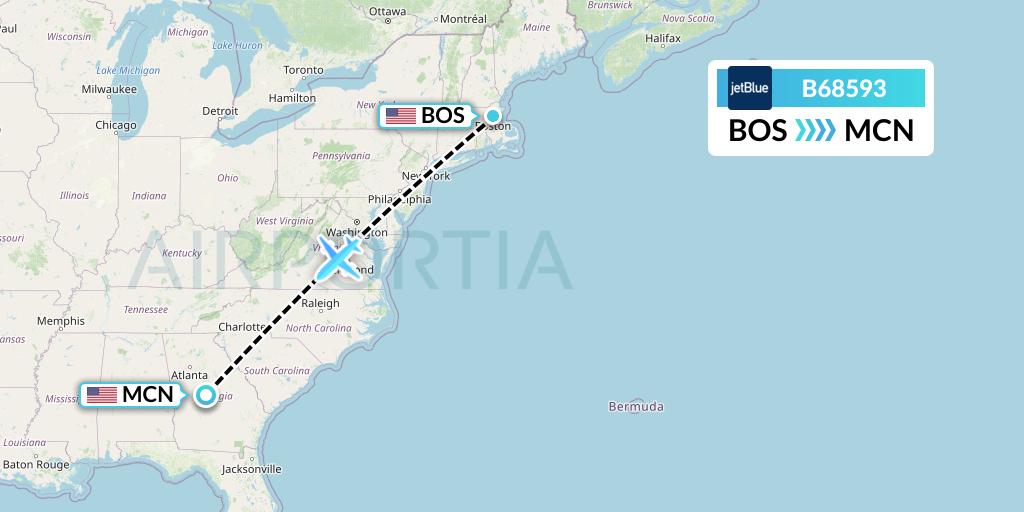 B68593 JetBlue Airways Flight Map: Boston to Macon
