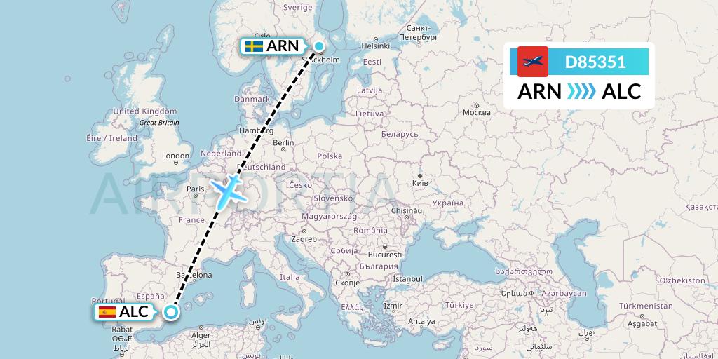 D85351 Norwegian Air International Flight Map: Stockholm to Alicante