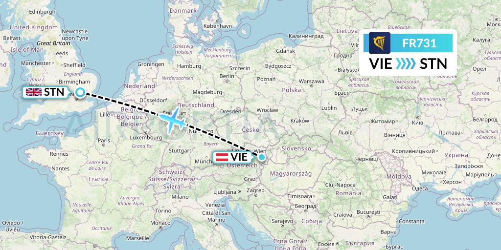 FR731 Ryanair Flight Map: Vienna to London
