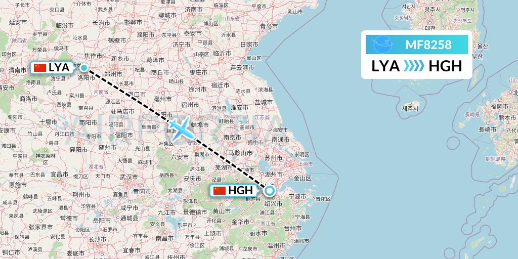 MF8258 Xiamen Airlines Flight Map: Luoyang to Hangzhou