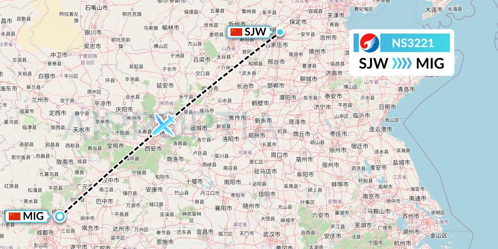 NS3221 Hebei Airlines Flight Map: Shijiazhuang to Mianyang