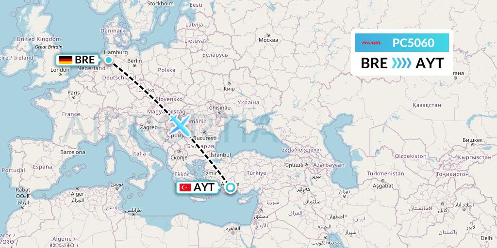 PC5060 Pegasus Airlines Flight Map: Bremen to Antalya