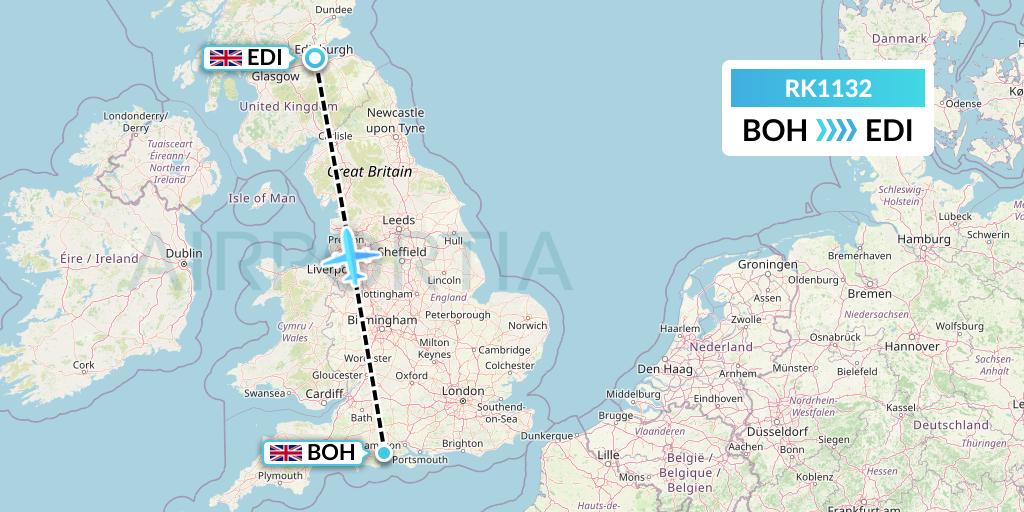 RK1132 Ryanair UK Flight Map: Bournemouth to Edinburgh