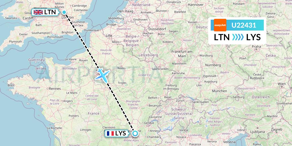 U22431 EasyJet Flight Map: London to Lyon
