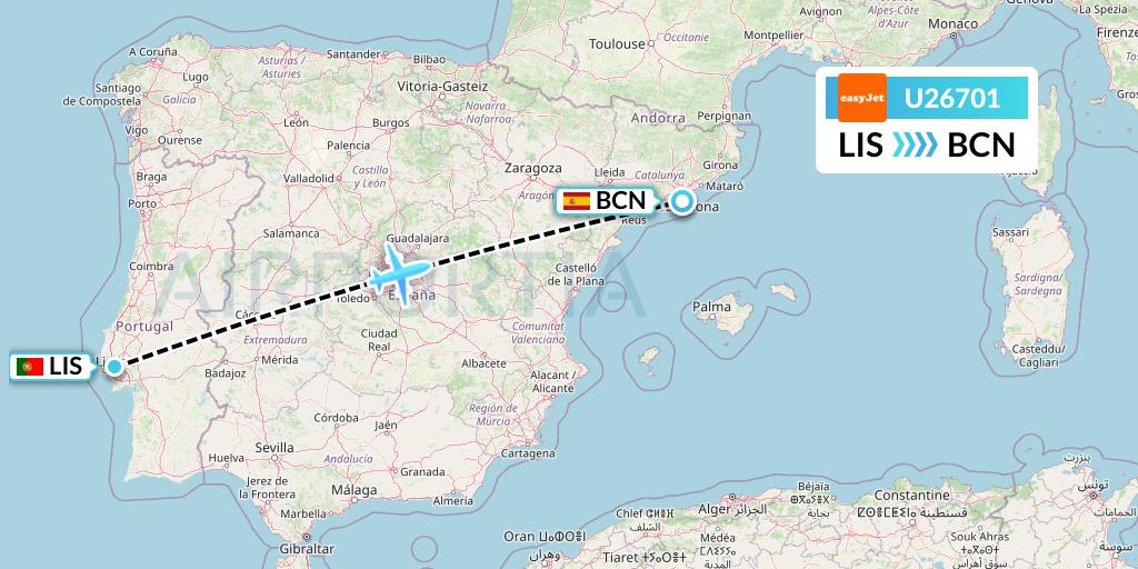 U26701 EasyJet Flight Map: Lisbon to Barcelona