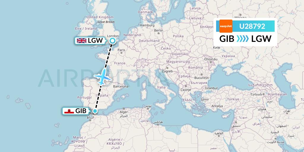 U28792 EasyJet Flight Map: Gibraltar to London