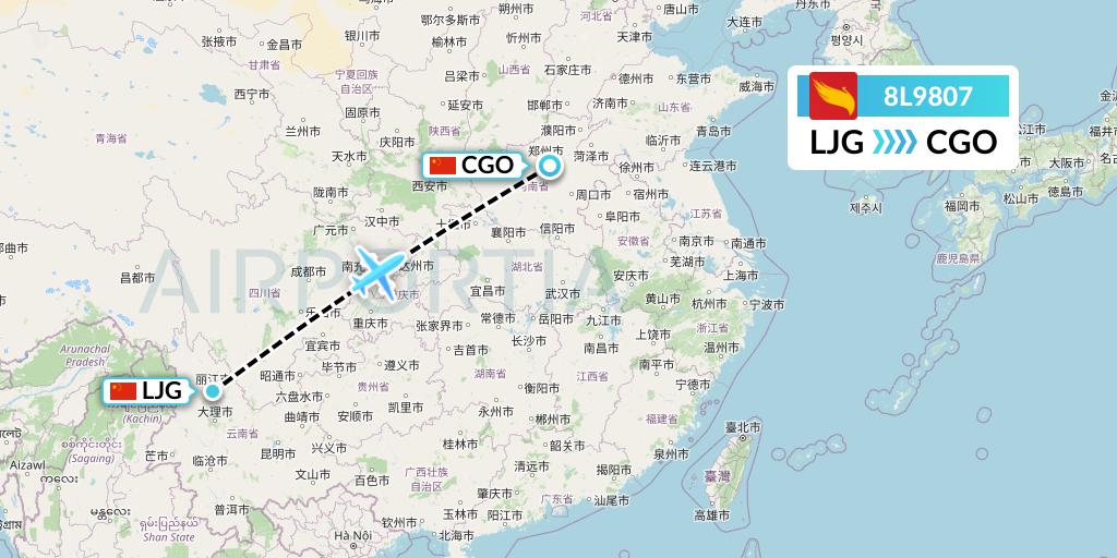 8L9807 Lucky Air Flight Map: Lijiang to Zhengzhou