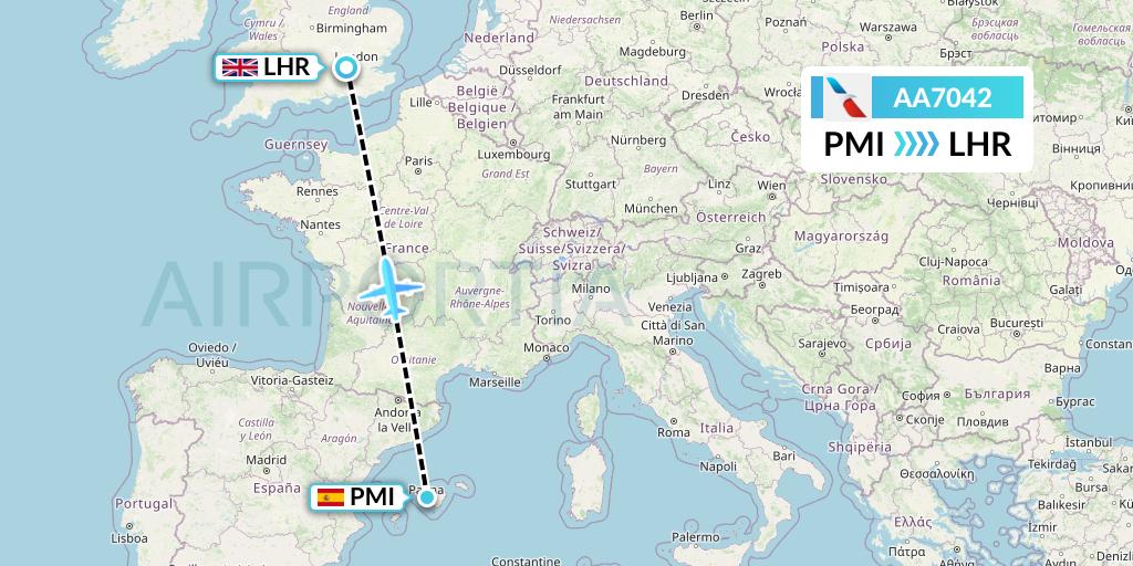 AA7042 American Airlines Flight Map: Palma de Mallorca to London