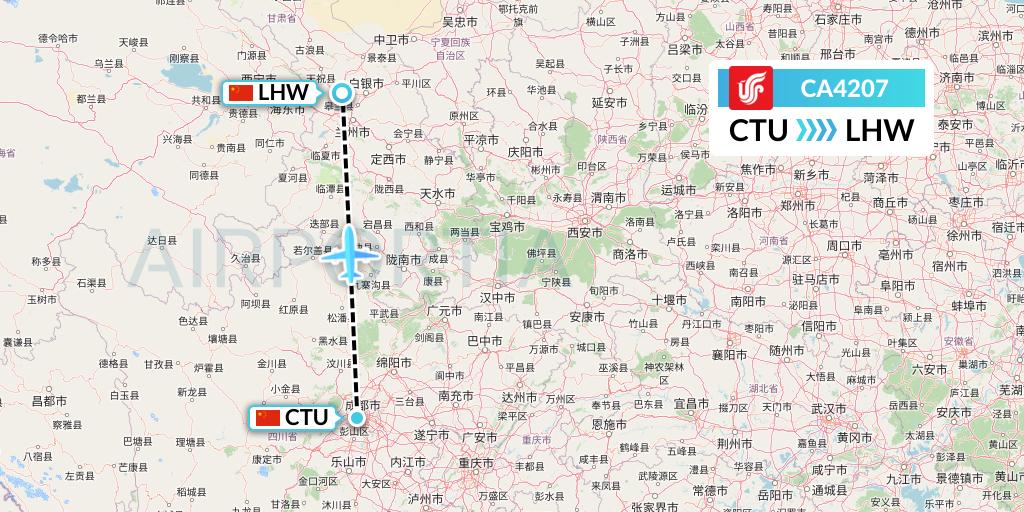 CA4207 Air China Flight Map: Chengdu to Lanzhou