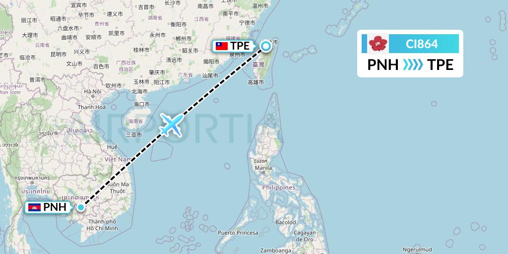 CI864 China Airlines Flight Map: Phnom Penh to Taipei