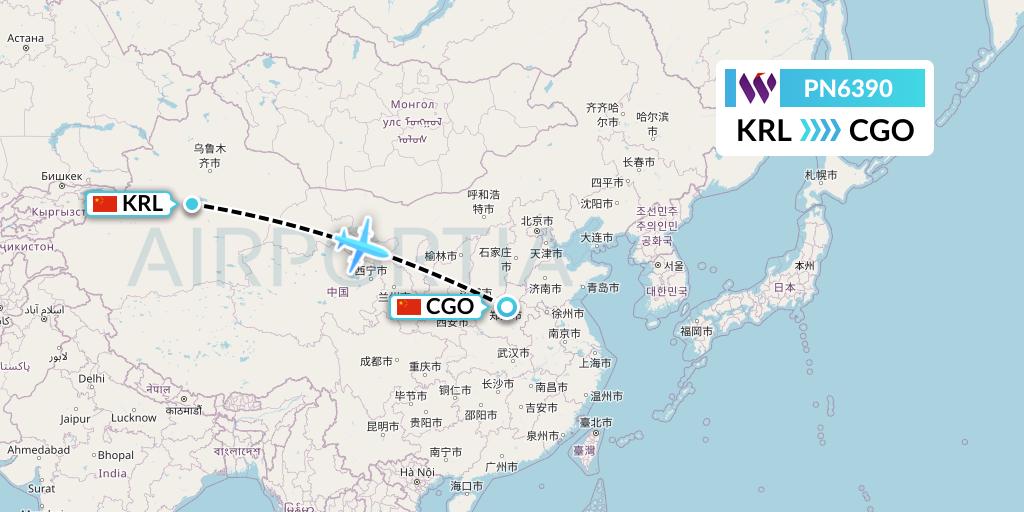 PN6390 China West Air Flight Map: Korla to Zhengzhou