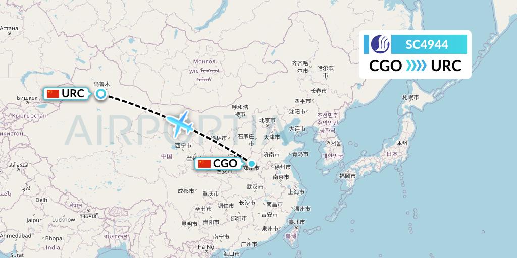 SC4944 Shandong Airlines Flight Map: Zhengzhou to Urumqi