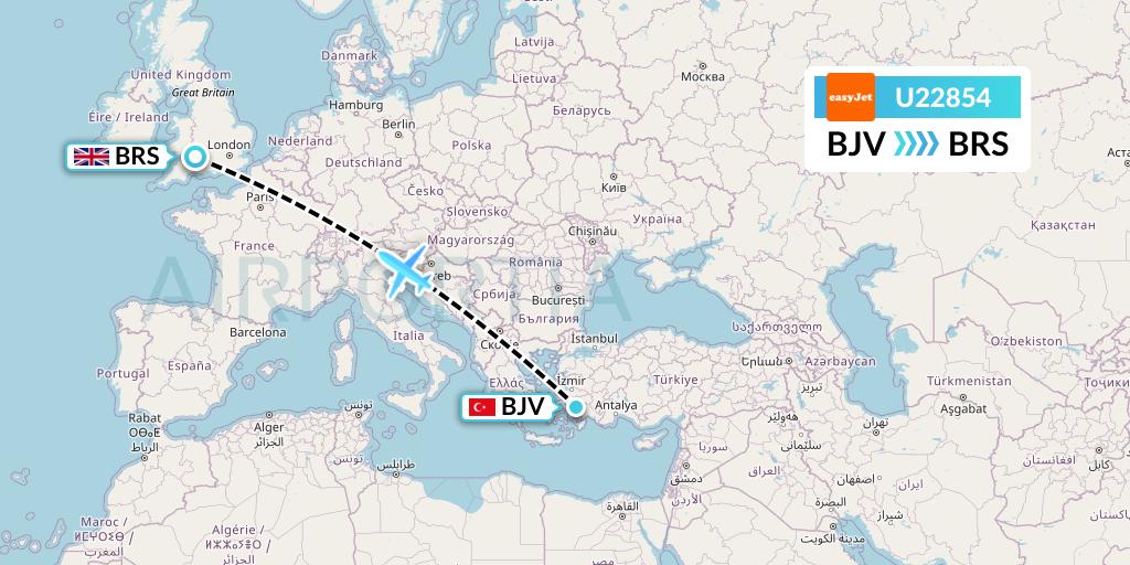 U22854 EasyJet Flight Map: Bodrum to Bristol