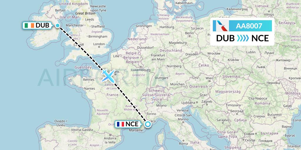 AA8007 American Airlines Flight Map: Dublin to Nice