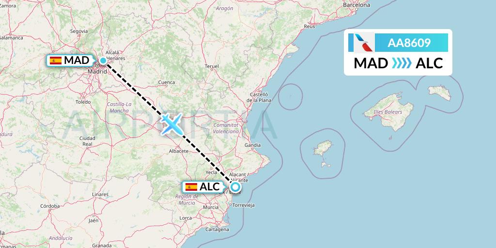 AA8609 American Airlines Flight Map: Madrid to Alicante