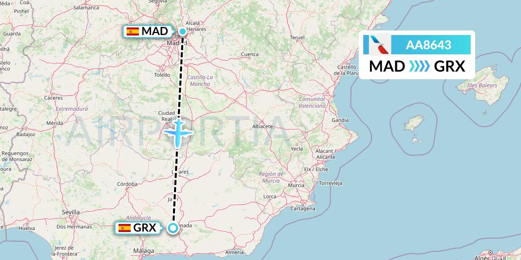 AA8643 American Airlines Flight Map: Madrid to Granada