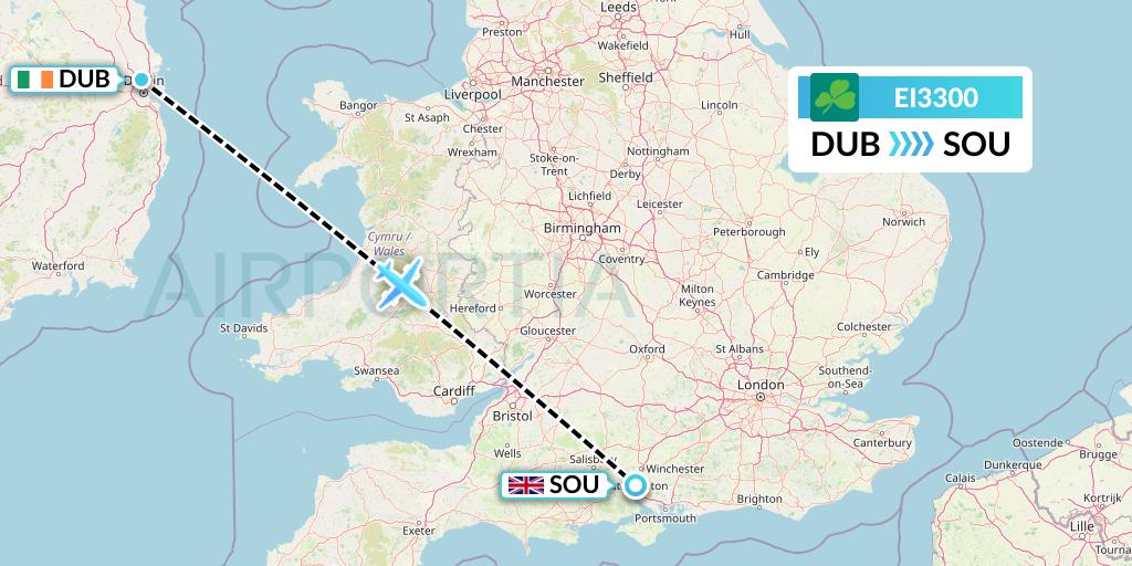 EI3300 Aer Lingus Flight Map: Dublin to Southampton