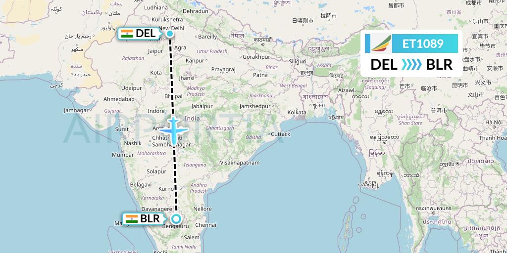 ET1089 Ethiopian Airlines Flight Map: Delhi to Bangalore