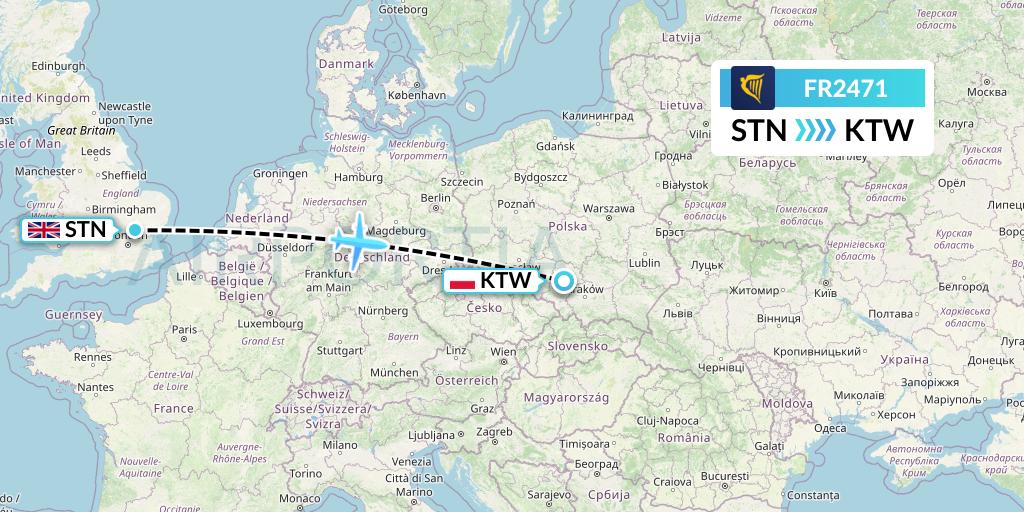 FR2471 Ryanair Flight Map: London to Katowice