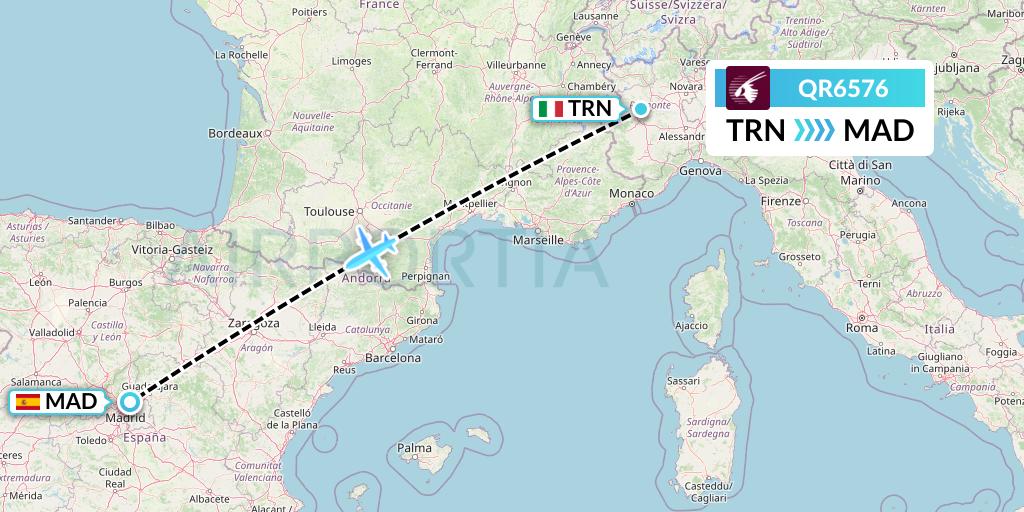 QR6576 Qatar Airways Flight Map: Turin to Madrid