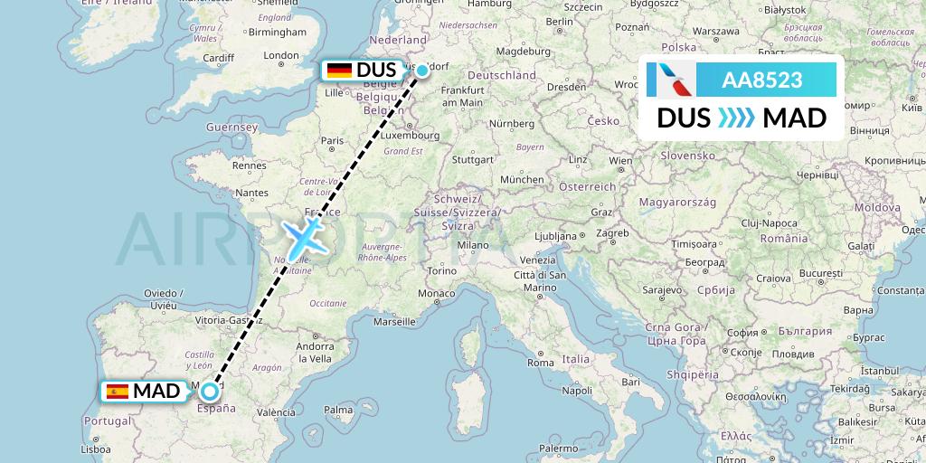 AA8523 American Airlines Flight Map: Dusseldorf to Madrid