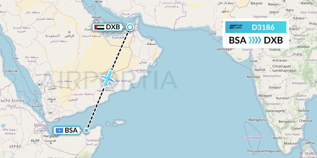 D3186 Daallo Airlines Flight Map: Bosaso to Dubai